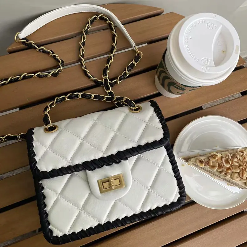 

New Real Leather Small Square Bag Designer Chain Black Tofu Bag Weave High Sense Fashion Versatile Shoulder Crossbody Women Bag