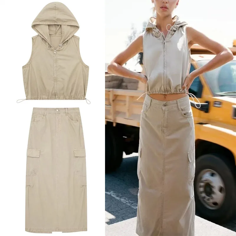 

TRAF Women 2 Pieces Sets Midi Cargo Skirt Low Waist Pockets Back Slit Skirt+Sleeveless Short Style Jacket Hooded Vest Top Sets