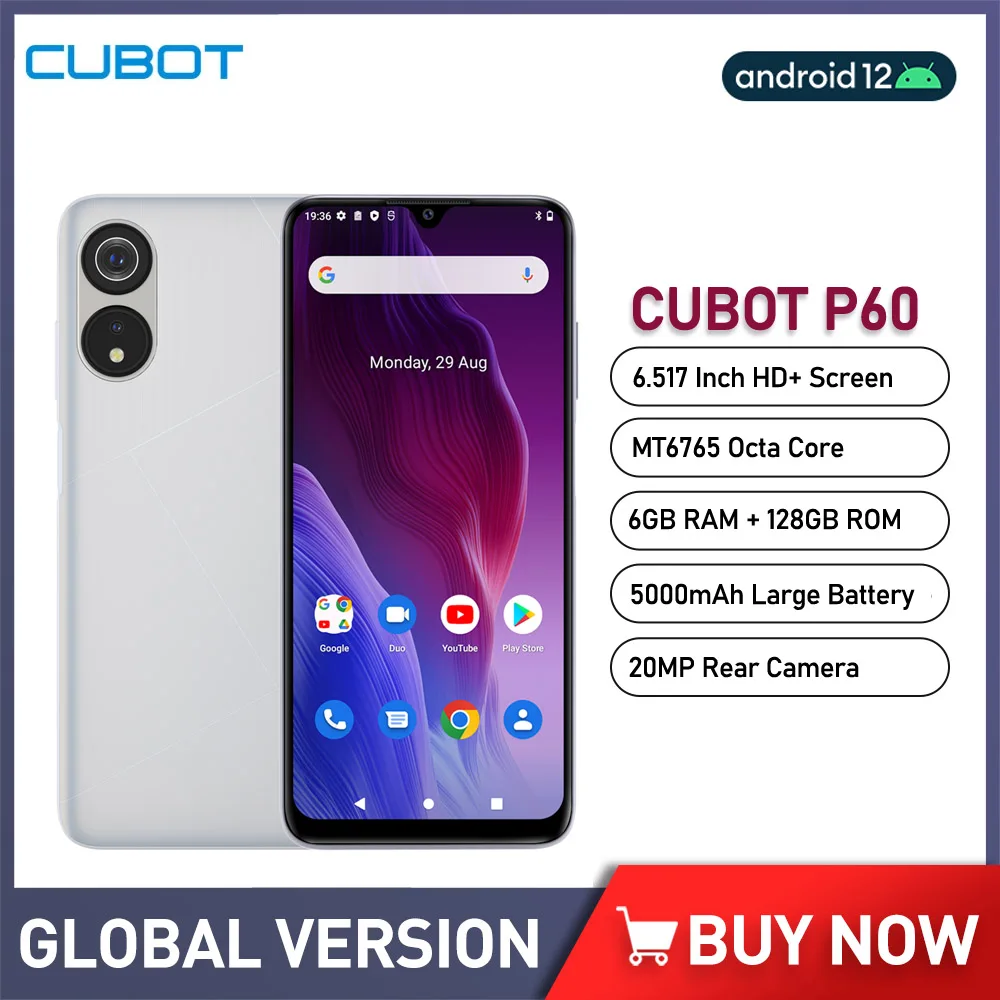 Cubot P60 Android 12 Cellphone 6.517 Inch HD Screen 6GB+128GB Smartphone MTK6765 Octa Core Mobile Phone 20MP Rear Camera 5000mAh