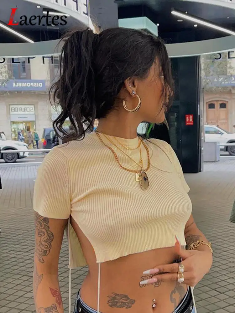 

Laertes 2022 Solid Knit Slit T Shirt Women Y2K Fashion O Neck Strappy Short Sleeve Crop Top Summer Hot Sexy Beach Holiday Outfit