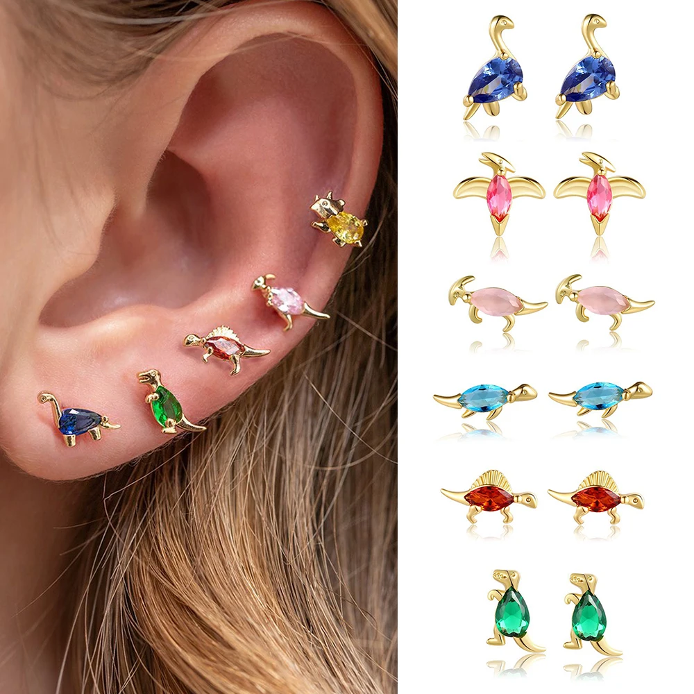 

New Korean Gold Color Dinosaur Minimal Crystal Star Ear Stud Earrings Women Small Animal Studs Tragus Cartilage Piercing Jewelry