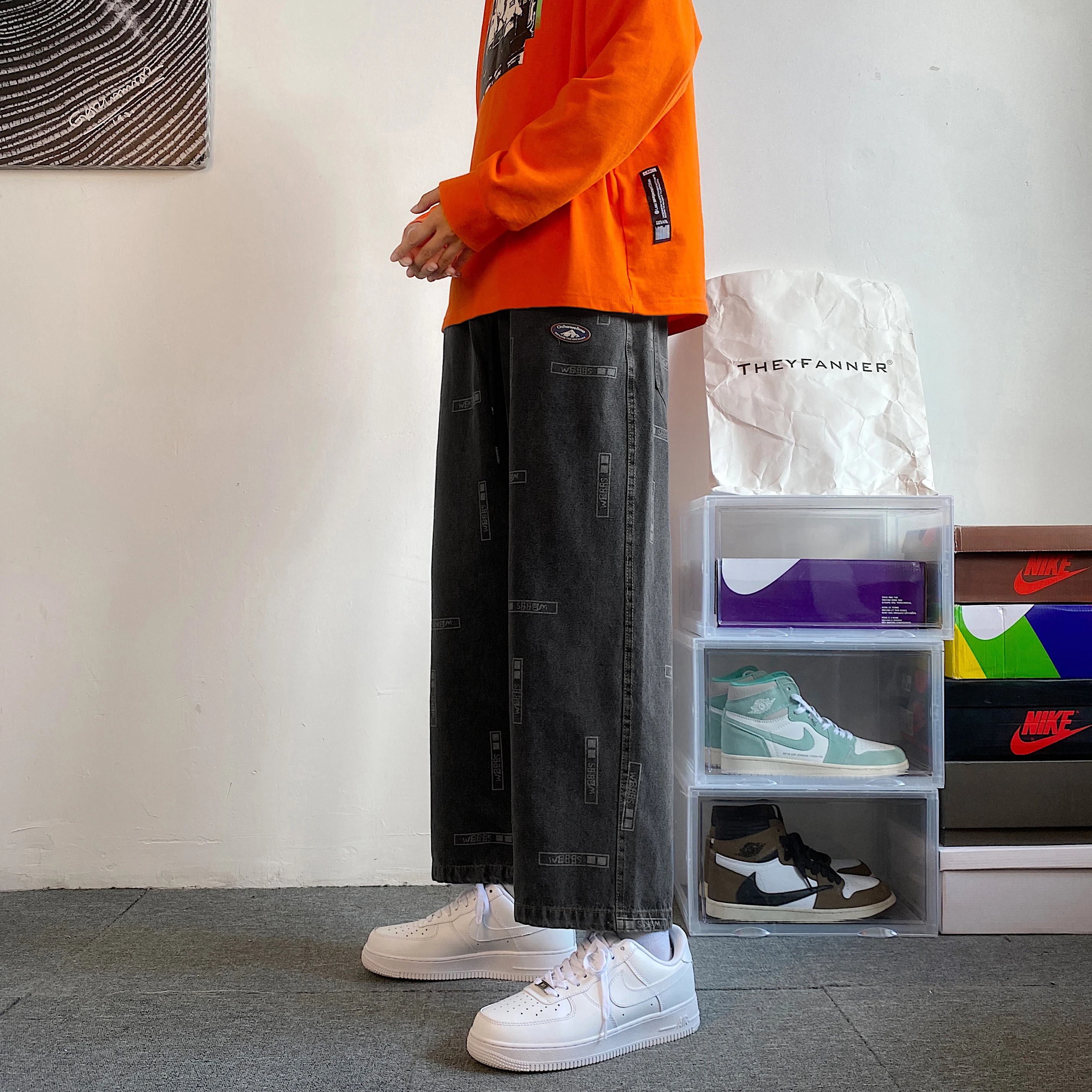 High Street Letter Print Straight Baggy Black Jeans For Men Casual Korean Fashion Denim Trousers Y2K Streetwear Clothings