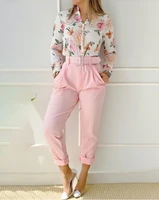 2022 spring womens 2 piece set pants set button flower print top and solid color pocket design pants set