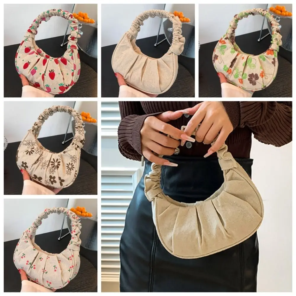 

Pleated Cloud Shoulder Bag Korean Style Strawberry Pleated Linen Handbag Makeup Bag Dumpling Bag Printed Crossbody Bag Shopping