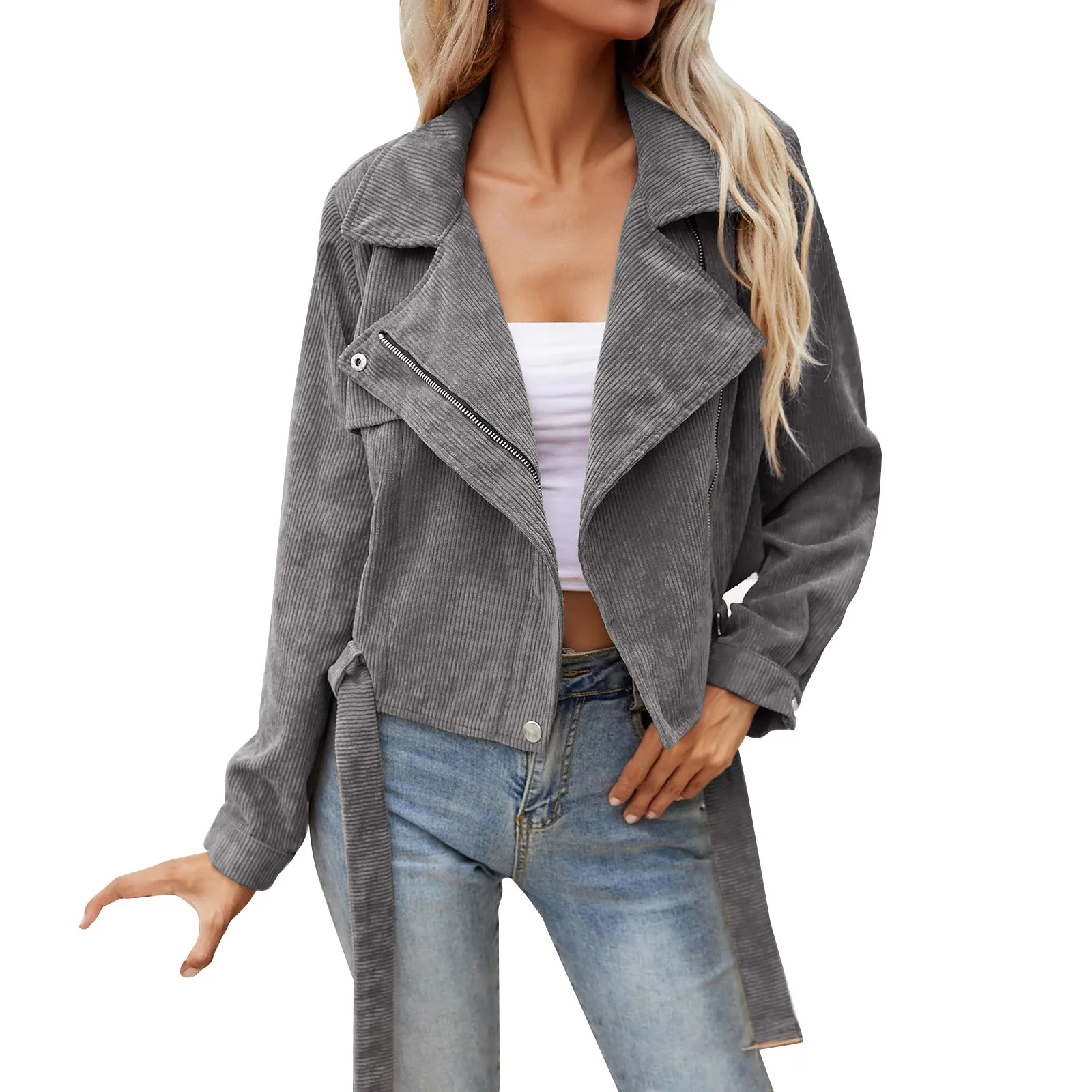 

Женское вельветовое однотонное пальто с высокой талией, коротким рукавом и поясом