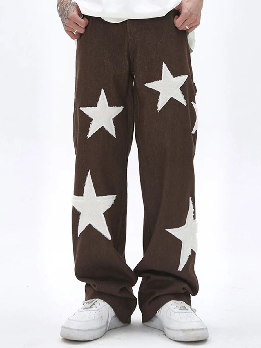 Four Seasons Star Embroidered Side Belt Streetwear Men's Jeans Retro Harajuku Patchwork Loose Casual Denim Trousers Ins Hot Sale