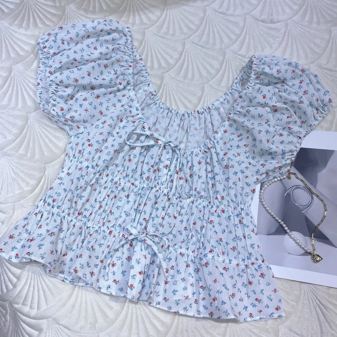 

Top T-shirt Sweatshirt Woman Shirt Summer Short Bubble Sleeve Fashion 2022 Clothing Female Drawstring Ruffled Floral Lace Up Top