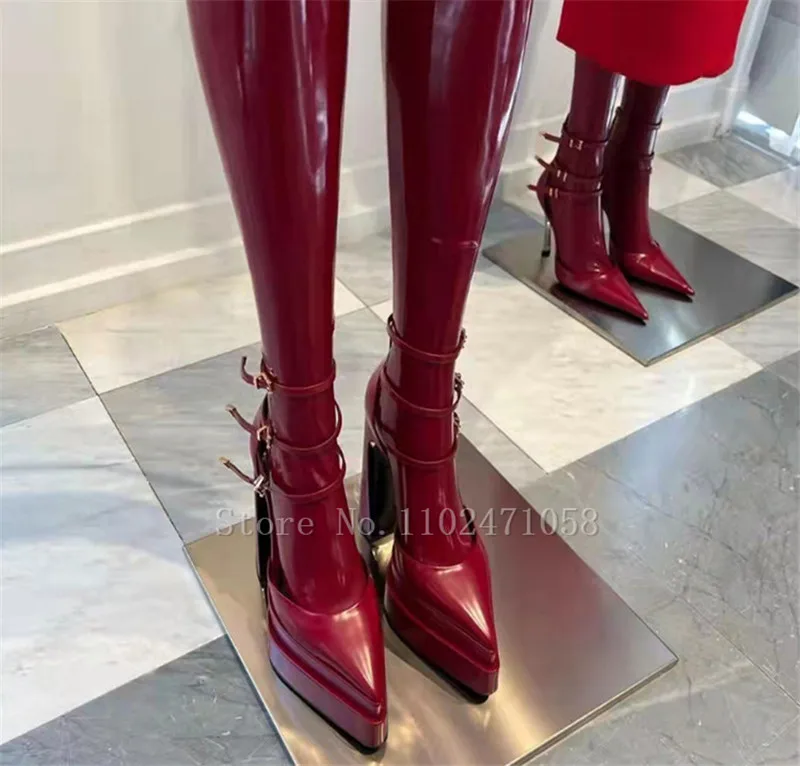 Fashion Women Pumps Patent Leather Chunky Platform Pointed Toe Hight Heels 14Cm Square Heels Ankle Buckle Strap Ladies Sandals