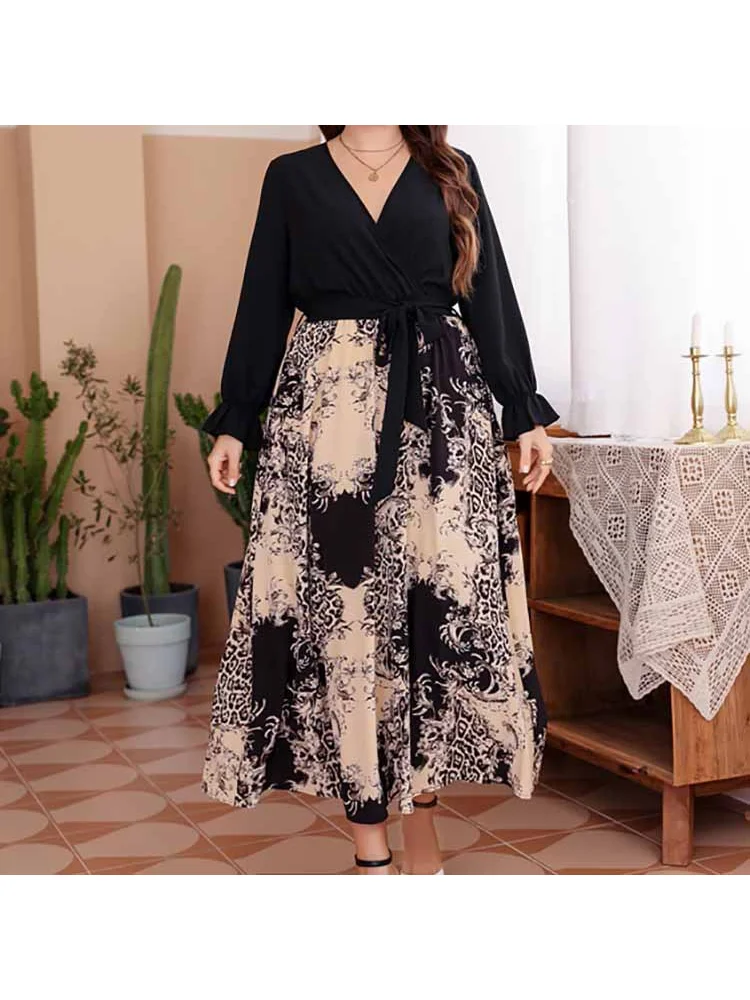 Long dress pullover elastic waist lace chiffon print sexy V-neck dress for women plus size dress  party dress  evening dresses