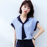 solid blue chiffon shirts for women korean fashion office ladies tops 2022 summer v neck short sleeve pullover casual blouses