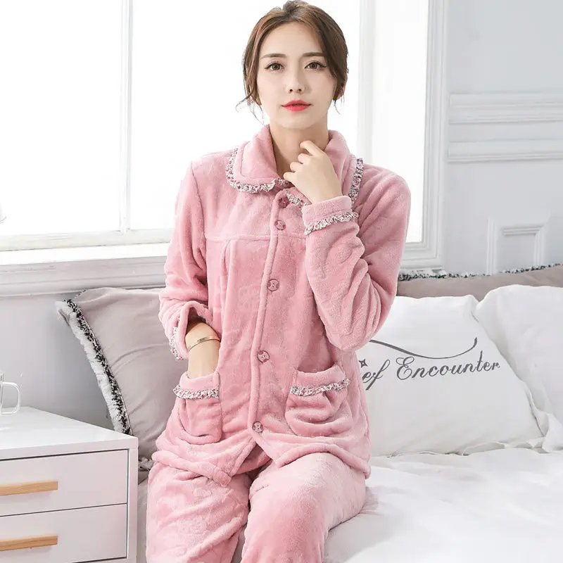 Thick Winter Pajama Women Thick Flannel Pajamas Set Women Long Sleeves Pajamas Pink Homewear Thick Home Suit