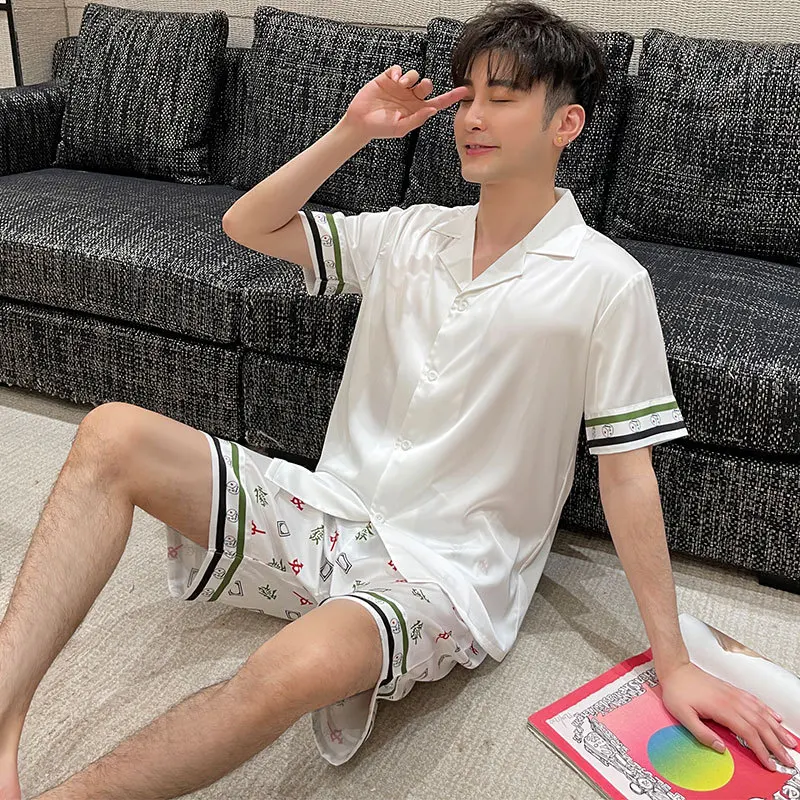 2022 Summer New Men's Short Sleeve Shorts Artificial Silk Home Wear Fashion Men's Pajamas Two-Piece Set