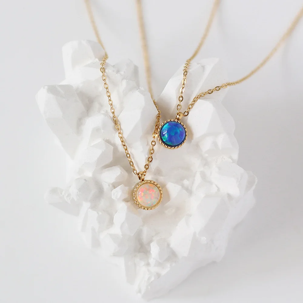 Fantasy White and Blue Colored Round Necklace Artificial Opal Imitation Opal Stone Titanium Steel Gold Plated