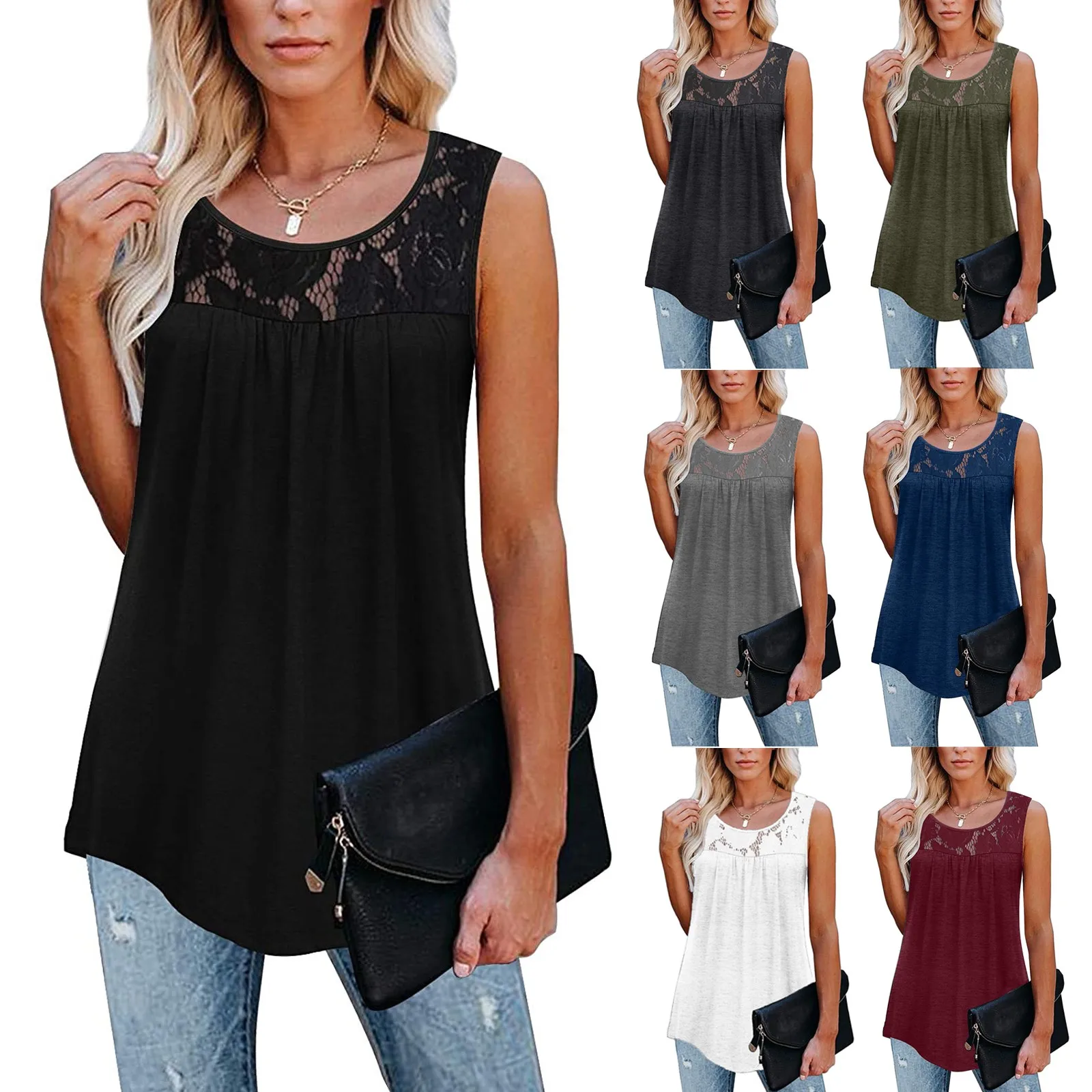 

Womens Tops Large Size Sleeveless Lace Pleated Summer Blouse Sexy Streetwear
