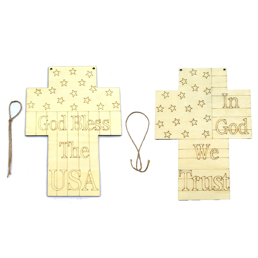 

2X Wooden Pendant Wood Board July 4th American Independence Day Plaque Memorial Stars and Stripes Wall Cross Arts JM01435
