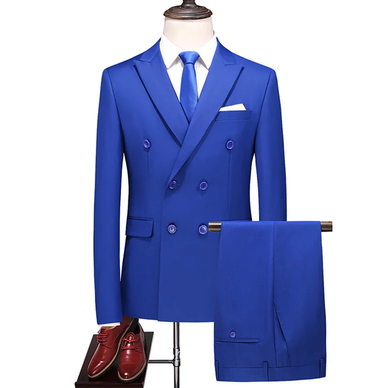 2022 Fashion New Men Boutique Business Double Breasted Solid Color Suit Trousers / Male Slim Wedding 2 Pcs Blazers Jacket Pants