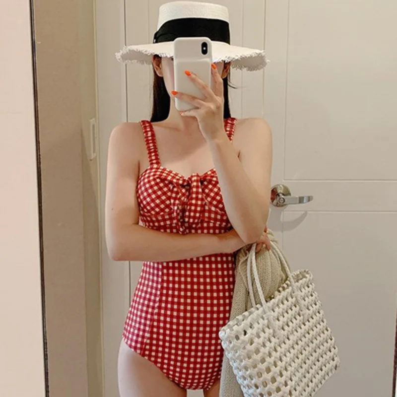 

Sexy Bandeau One Piece Swimsuit Women Plaid Swimwear Push Up Monokini Pad Swim Suit Bow Trikini Red Bathing Suit Korea Style