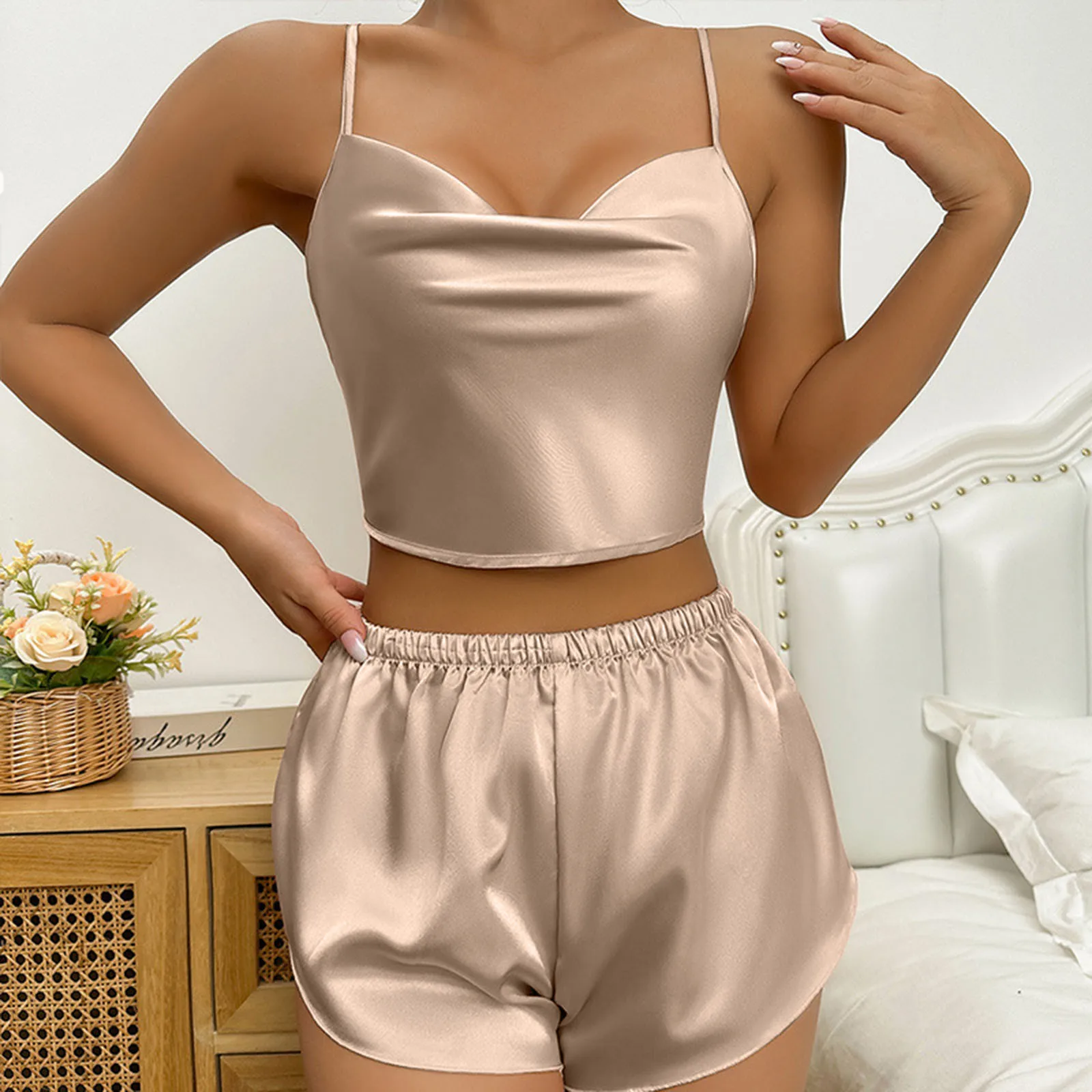 

Женский Пижамный костюм из двух предметов, летний Атласный топ без рукавов и шорты, одежда для сна, женская пижама, ночная рубашка, пижама, домашняя одежда