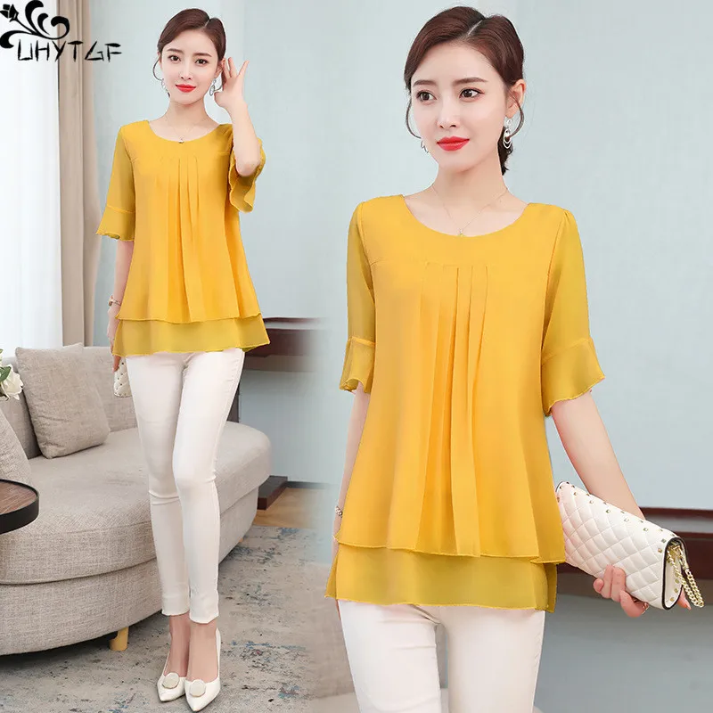

UHYTGF M-5XL Chiffon T-Shirts For Womens Summer New Mom Outfit Large Size Solid Color Loose Crew Neck Pullover Casual Female Top