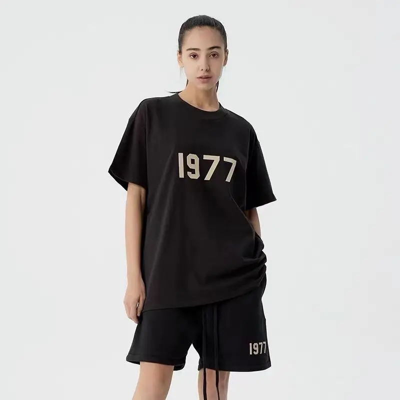 Summer '1977' tracksuit Cotton Men Sporty  T-Shirts Set Men and Women T Shirt and Shorts Sets Korean Style Tee Top Free Shipping