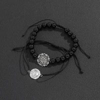 black beads bracelet mens personality retro flower face creative round bead new wax thread weaving versatile fashion jewelry