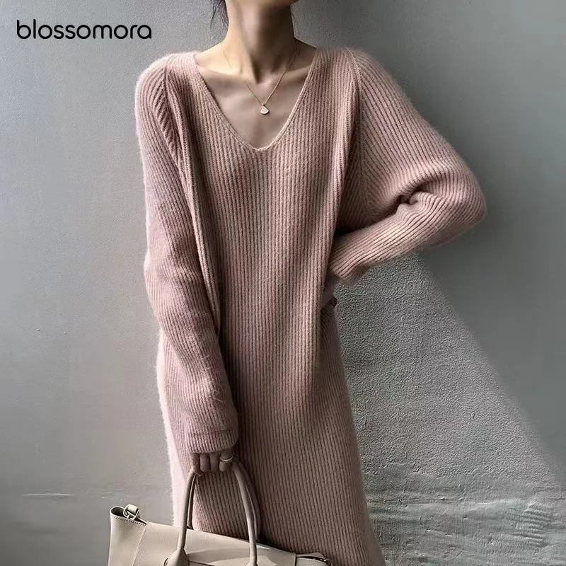 

Blossomora Knitted Ribbed Loose Vintage Dress Casual Solid Color Long Sleeve V Neck Dresses Spring and Autumn Vestido Women 2022