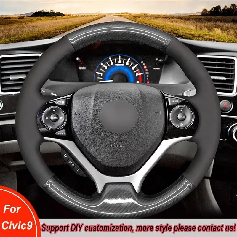 

DIY Hand-Stitched For Honda Civic 9 Black PU Carbon Fiber Car Steering Wheel Cover Stitch Wrap Interior Accessories