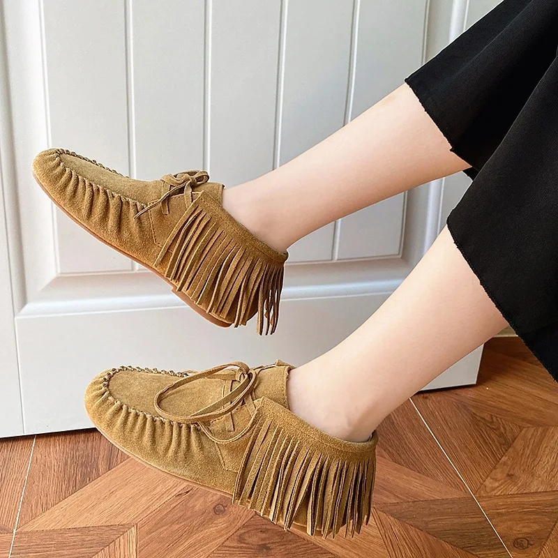 

Women's Boots Fashion Casual Personality Imitation Suede Tassel Buckle Side Lace Up Round Retro Flat Short Botas De Mujer 2022