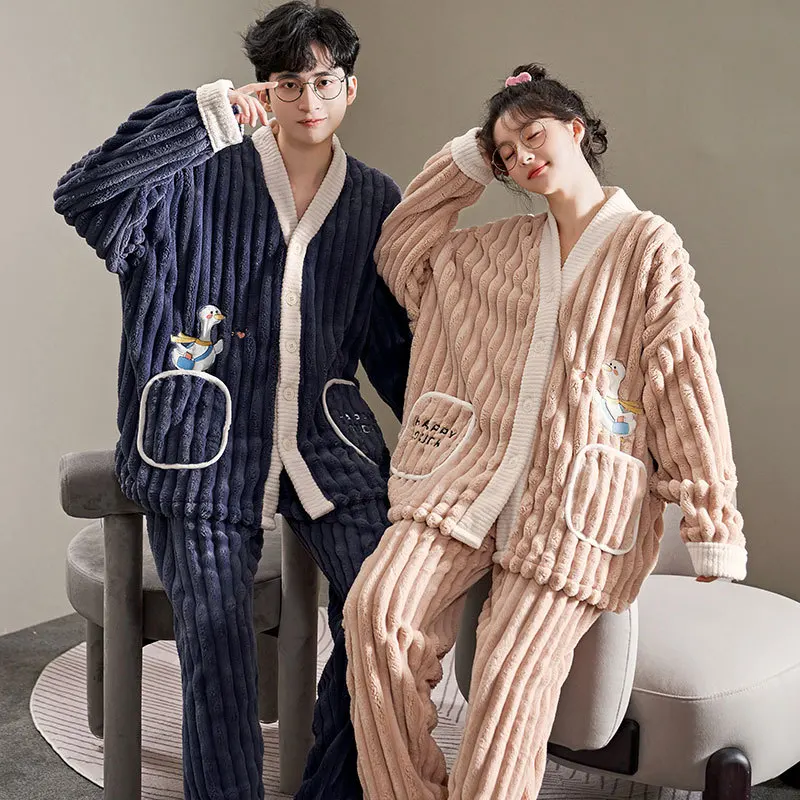 Yasuk Winter Fashion Women's Men Casual Warm Soft Sleepwear Pajamas With Pants Velvet Fleecel Duck Couple Unisex Pocket Coat