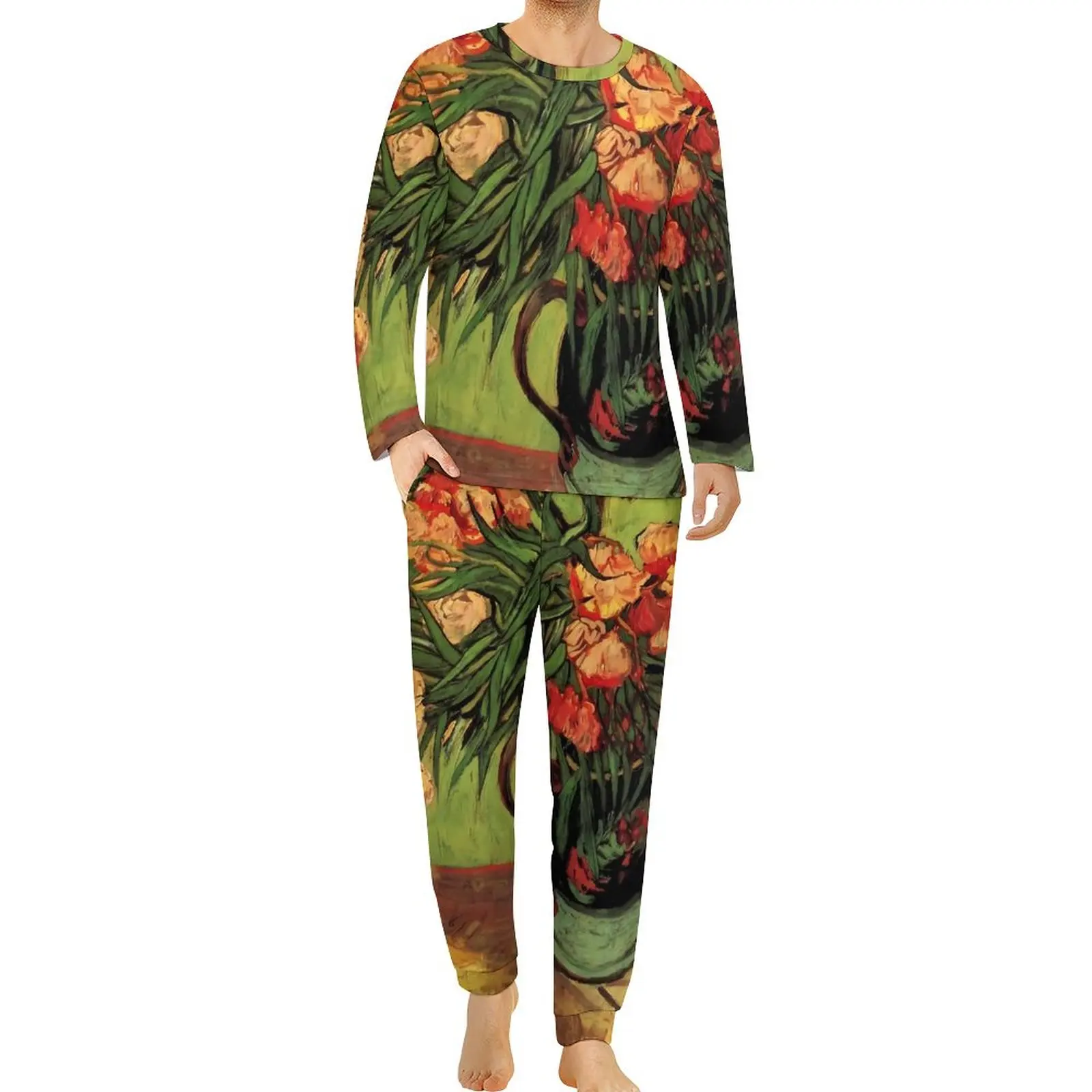 

Van Gogh Pajamas Man Oleanders and Books Cute Nightwear Winter Long Sleeve Two Piece Casual Design Pajamas Set Big Size