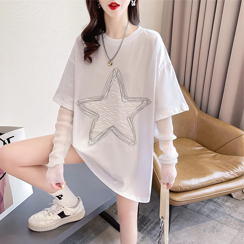 

Футболка Y2K женская из двух предметов, стильная уличная Сетчатая футболка в стиле Харадзюку, с имитацией двух предметов, черная белая, 2023