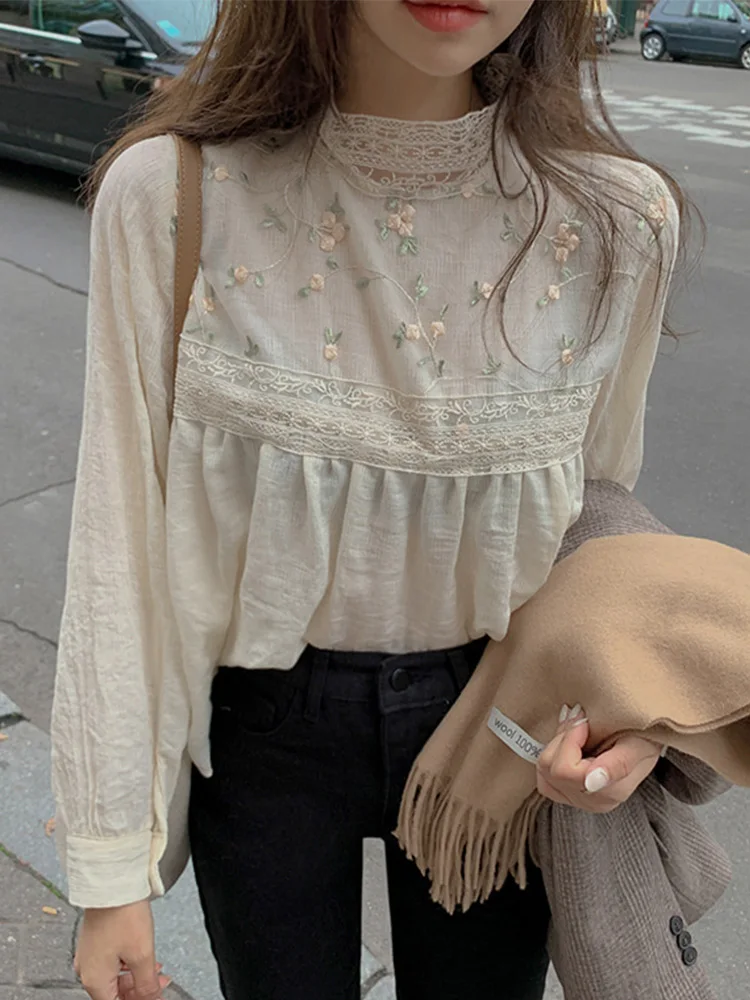 

Новинка, элегантная кружевная блузка с воротником-стойкой, привлекательная ажурная женская блузка с цветочной вышивкой, женские топы с дли...