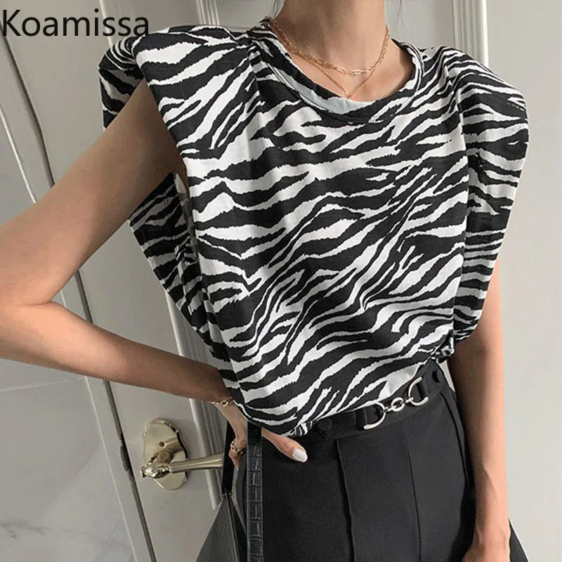 

Koamissa Women Zebra Pattern Design Tshirt 2022 New Summer Tees Shirts Korean Loose Flying Sleeves Vest T-shirts Fashion Tops