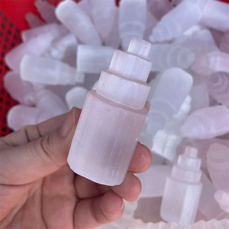 

Natural Gems White Selenite Wand Tower Quartz Crystal Carved Gemstones Reiki Decoration Stones