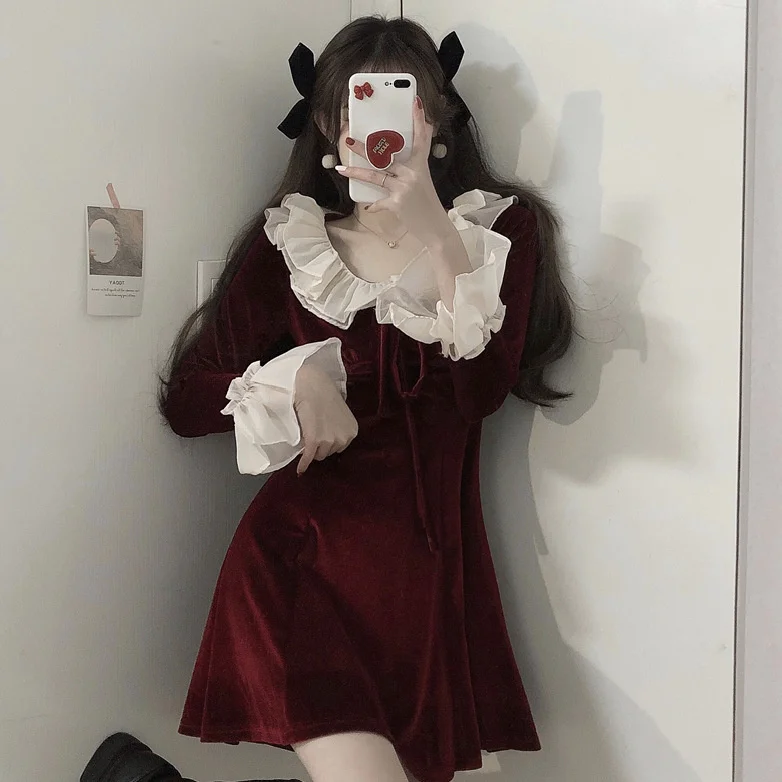 

Dress For Women 2022 New High Waist Peter Pan Collar A-line Dress Red Velvet Short Dress Black Flared-sleeved Skirt Preppy Style