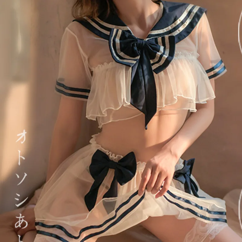 

Sexy Lace Navy Collar Perspective Lingerie Japanese College Style JK Role Play Sailor Soft Cute Student Uniform Entice Suit