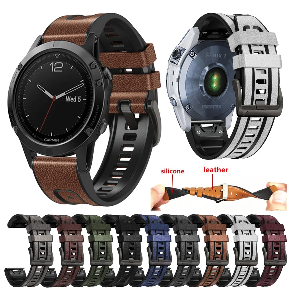 

Silicone+Leather QuickFit Watchband Strap For Garmin Fenix 7X 7 6X 6Pro 5 5X 3HR Mk1 2 Smart Watch Easyfit Wrist Band Bracelet