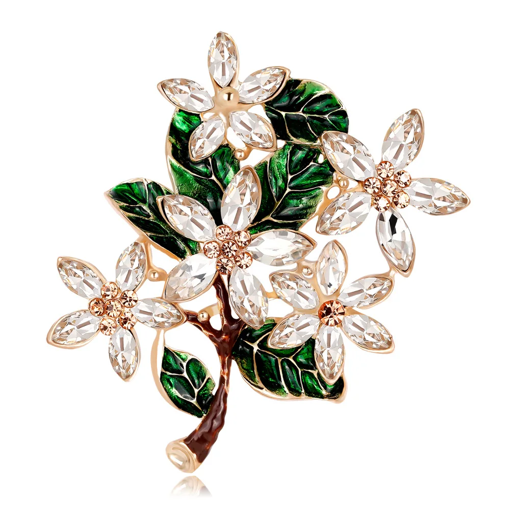 

White Flower Brooch Pins for Women Fashion Crystal Green Leaf Broches Vintage Jewelry Broche PinsBrooch