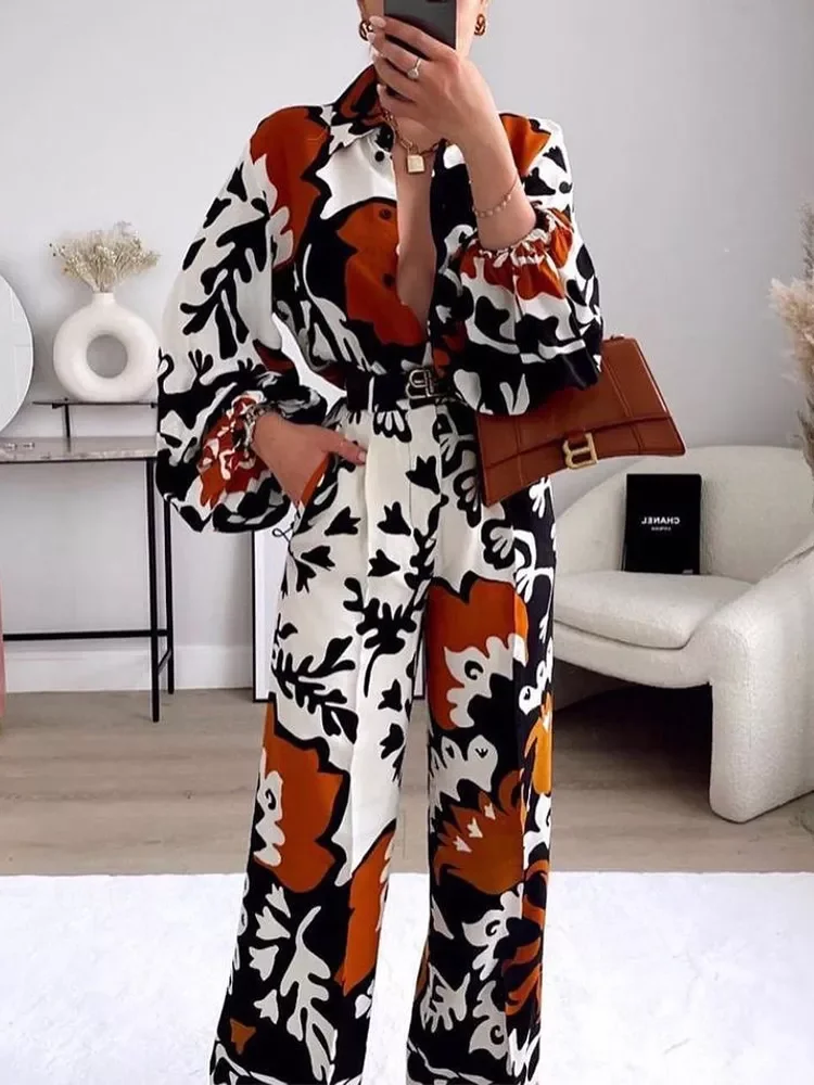 

Women 2022 spring New Fashion loose Print Blouses Vintage puff Sleeve Button-up Female Shirts Blusas Chic Tops