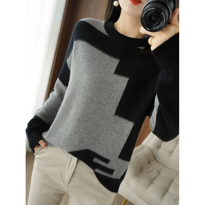 

Winter Women Sweaters Patchwork Half Turtleneck Long Sleeve 100% Wool Knitted Female Pullover Casual Clothing Tops Jumper Blouse