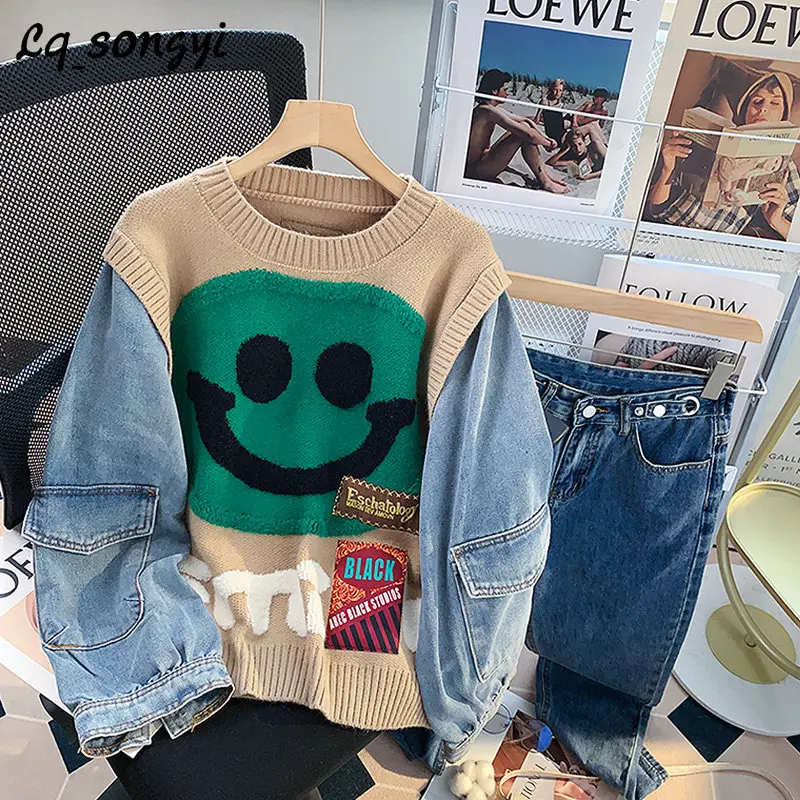 

Oversized Denim Spliced Sweaters Women Autumn Winter Loose Jumper Coat Puff Sleeve Cartoon Knitted Pullovers Y2K Lq_songyi SY09