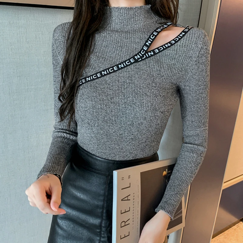 

Sigutan Off Shoulder Sweater High Elastic Sweters Women 2023 Autumn Winter Korean Style Sexy Slim Women Pullover Pull Femme