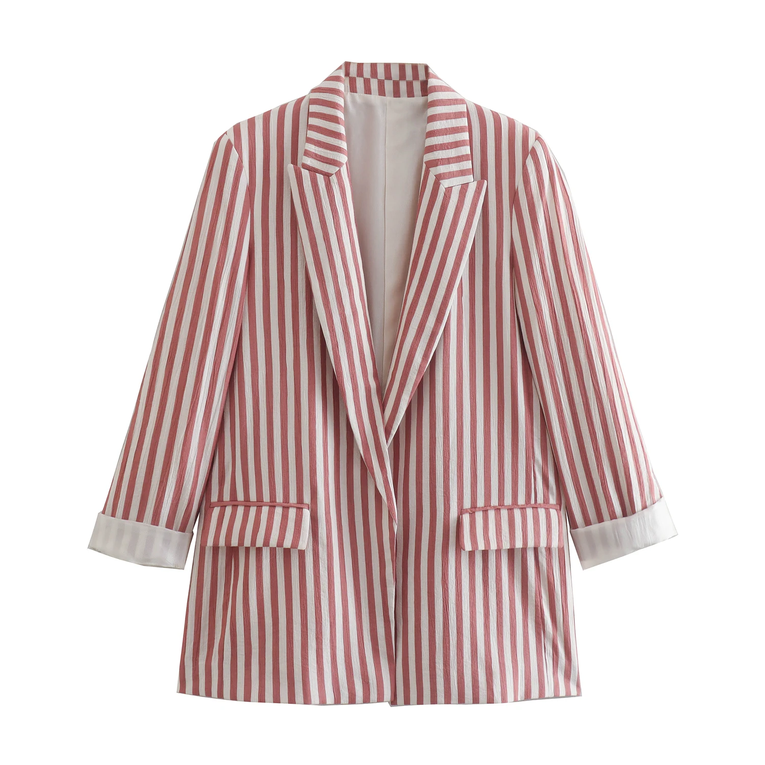

2022 Women Fashion Stripe Texture Blazer Coat Vintage Long Sleeve Flap Pockets Female Outerwear Chic Veste Femme
