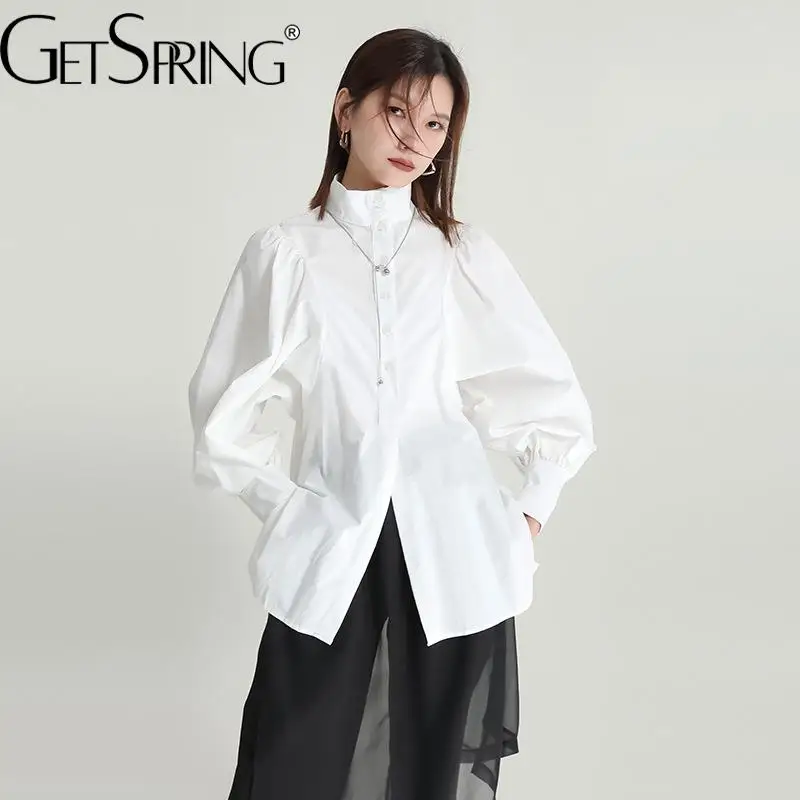 

Getspring Women Shirt Lantern Sleeve Stand Collar Cotton White Black Blouse Long Sleeve Leisure Vintage Autumn Tops 2022 New