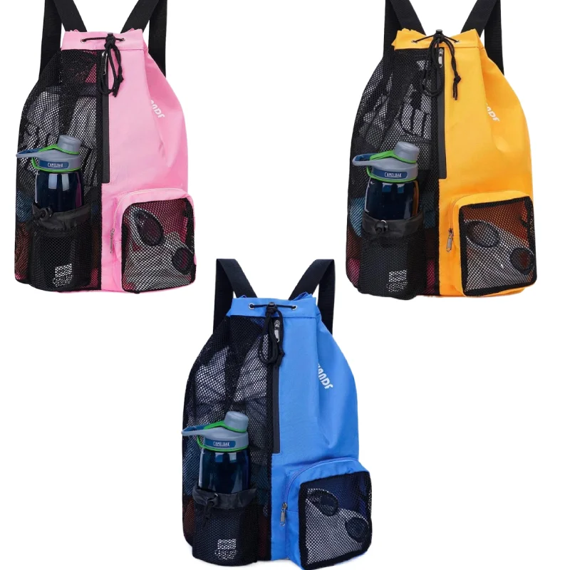 

Big Mesh Mummy Backpack Girls Boys Swim Bag Women Drawstring Backpack with Wet Pocket Beach Backpack for Gym and Workout