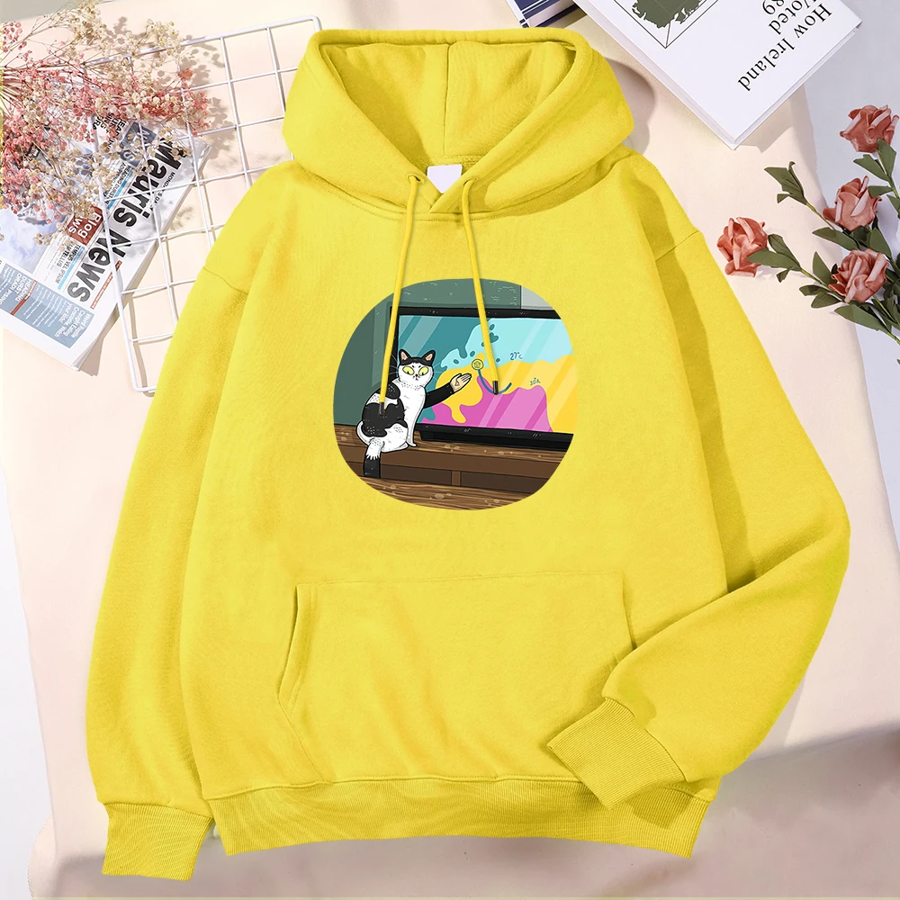 

Любопытный Кот наблюдает за прогнозом погоды Мужская толстовка свободная шапка веревка спортивный костюм хип-хоп креативная Толстовка эст...