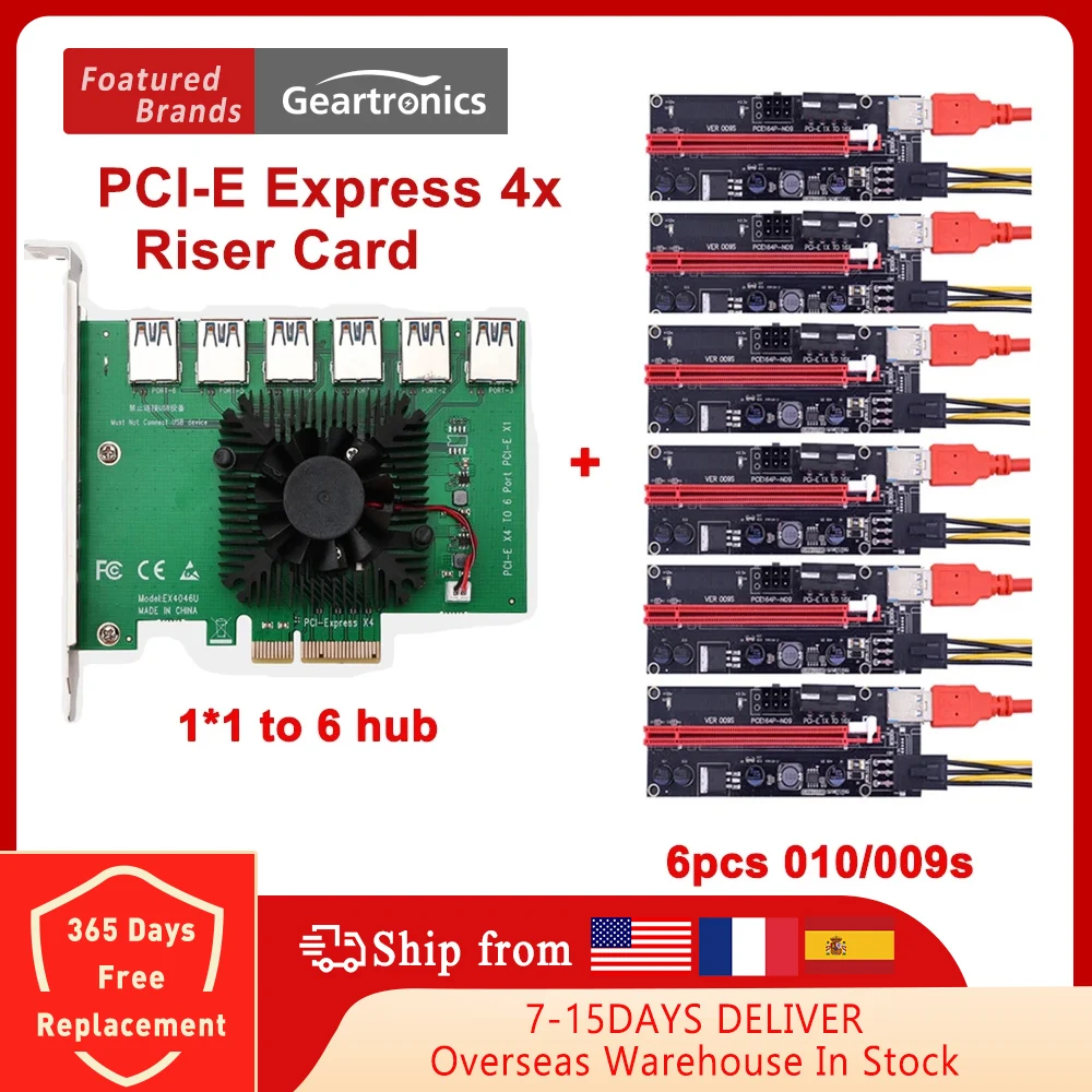 

PCIE VER009S PIUS PCI-E Riser Card 1 To 4/5/6 USB 3.0 Multiplier Hub X16 PCI Express 1X 16X Adapter For BTC Bitcoin Mining Miner