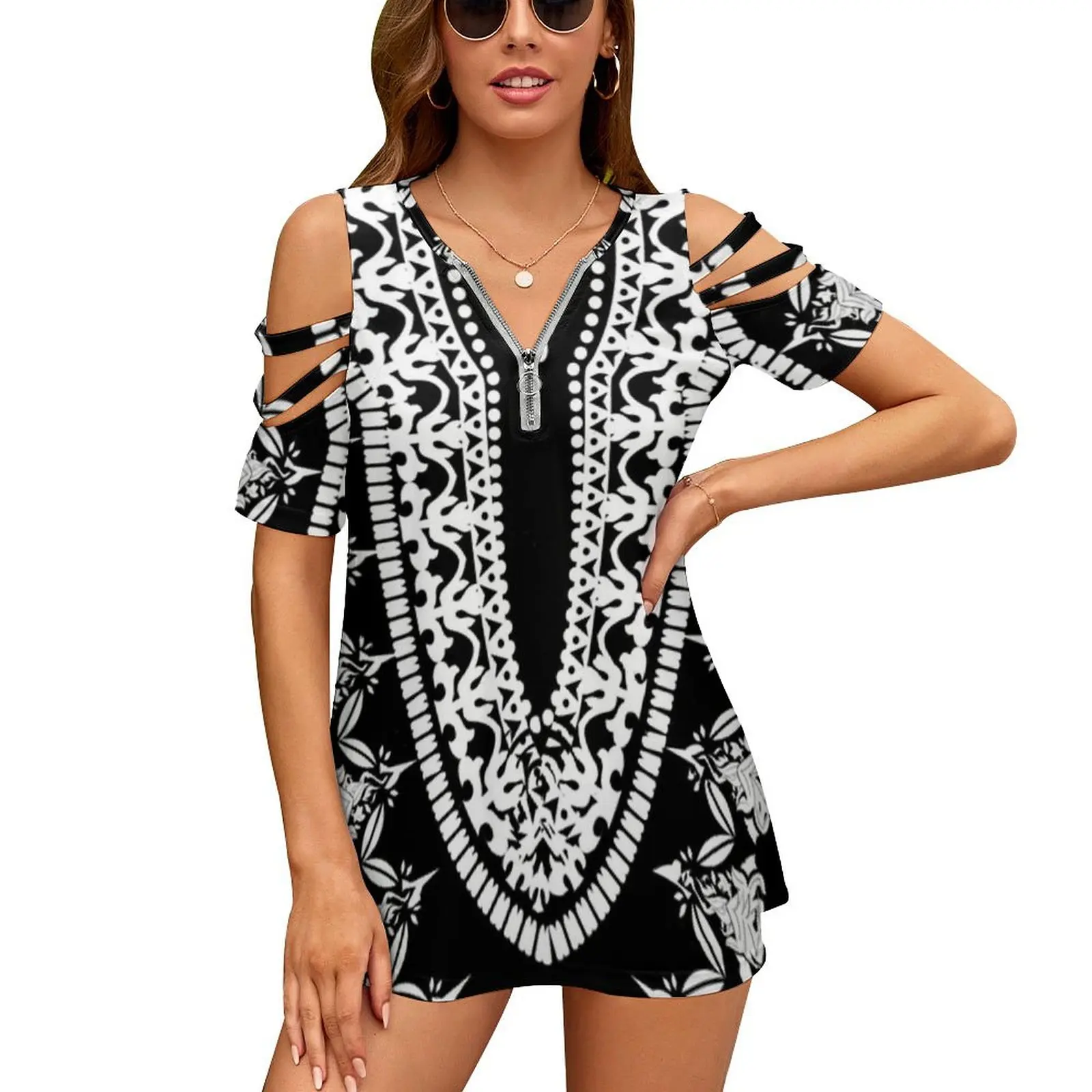 

Черная Дашики, женская футболка с надписью, новая модная футболка с принтом на молнии и V-образным вырезом, футболки с коротким рукавом, повс...