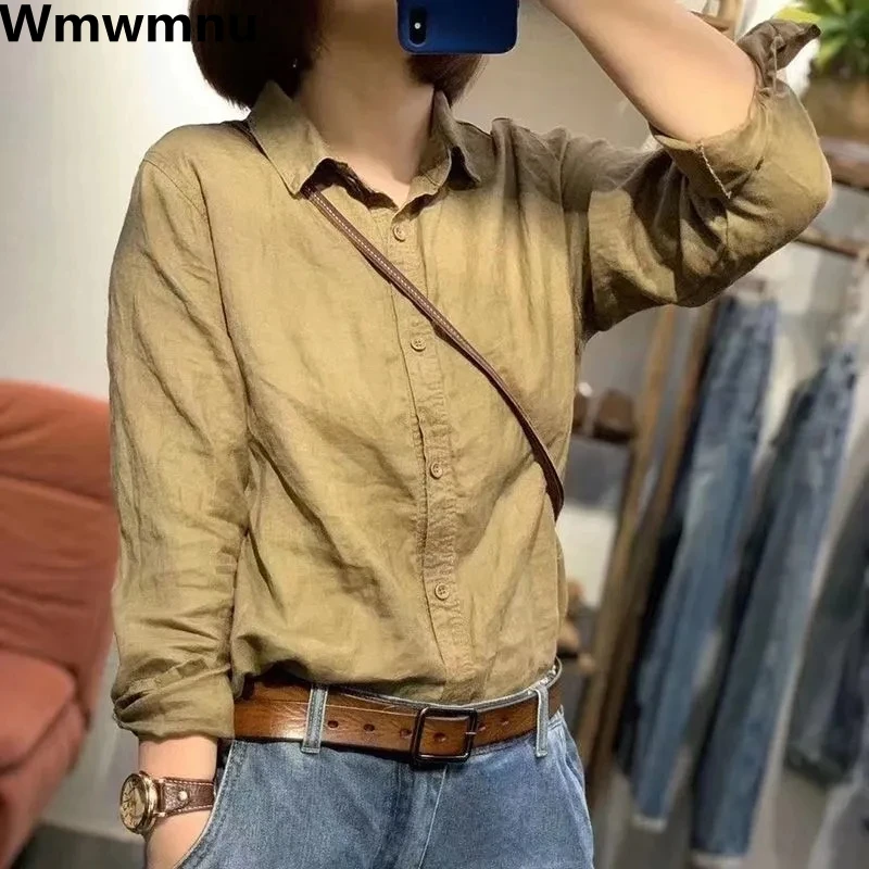 

Блузка женская свободного покроя с длинным рукавом, из хлопка и льна