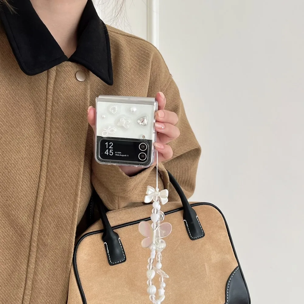 Чехол для Samsung Galaxy Z Flip 5 4 3 блестящий клей с ремешком Прозрачный складной